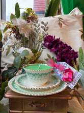 Load image into Gallery viewer, Stunning Collectors Antique Radfordian Green with gold Tea cup Scented Soy Candle