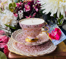 Load image into Gallery viewer, Stunning 1950s Baby Pink & Gold Brocade Scented Soy Candle Teacup Trio