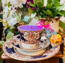 Load image into Gallery viewer, Elegant 1915 Art Nouveau Navy & Gold Brocade ‘Salisbury’ Teacup Scented Soy Candle