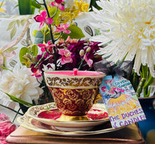 Load image into Gallery viewer, Lovely Vintage ‘Burgundy Red & Gold Chintz’ Scented Soy Candle in a Teacup trio