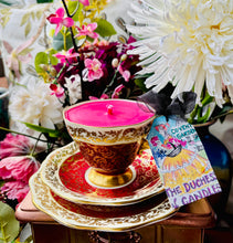 Load image into Gallery viewer, Lovely Vintage ‘Burgundy Red & Gold Chintz’ Scented Soy Candle in a Teacup trio