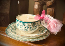 Load image into Gallery viewer, Beautiful Antique Teal Victorian floral Teacup scented Soy Trio set