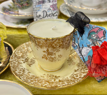 Load image into Gallery viewer, Beautiful Antique Crown Staffordshire gold Brocade Scented soy coffee cup candle