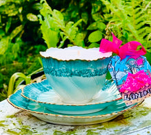 Load image into Gallery viewer, Ornate Antique Continental Turquoise scalloped Tea Cup Scented Soy candle