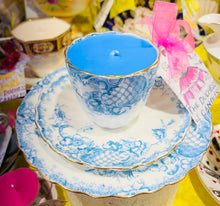 Load image into Gallery viewer, Stunning Antique Victorian Blue &amp; White floral Teacup Soy Candle Trio set
