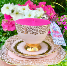Load image into Gallery viewer, Stunning 1950s Baby Pink & Gold Brocade Scented Soy Candle  Teacup Trio
