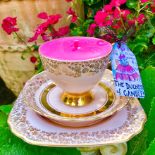 Load image into Gallery viewer, Stunning 1950s Baby Pink & Gold Brocade Scented Soy Candle  Teacup Trio