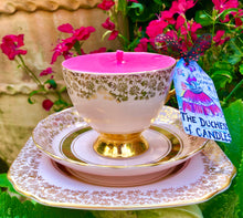 Load image into Gallery viewer, Stunning 1950s Baby Pink & Gold Brocade Scented Soy Candle  Teacup Trio