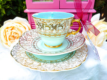Load image into Gallery viewer, Vintage St Leonards Burslem Teacup Trio Set Duck Egg Blue & Gold Chintz  Warranted 22 KT Gold