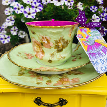 Load image into Gallery viewer, Lovely Antique Victorian  Green & floral brushed gold Teacup trio Scented Soy Candle