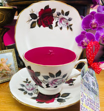 Load image into Gallery viewer, Beautiful Dark Red & White Roses Vintage Teacup scented Soy Candle