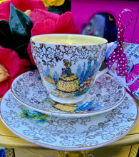 Load image into Gallery viewer, Vintage Crinoline Lady Gold Brocade Teacup Soy scentedTeacup Candle trio set
