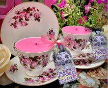 Load image into Gallery viewer, PAIR of Queen Anne Rose Bouquet trio sets with scented soy candles