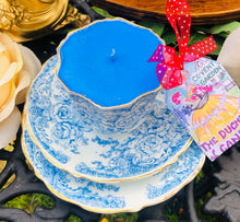 Load image into Gallery viewer, Victorian Antique Scalloped Blue & White Floral Garden Soy Teacup candle Trio Set