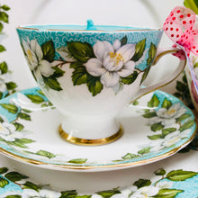 Load image into Gallery viewer, Stunning Vintage Gladstone ‘Montrose’ Turquoise teacup Scented Soy Candle Trio set