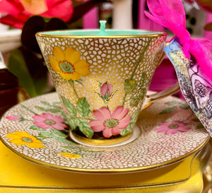 Art Deco Gold Chintz & hand painted Pink & Yellow Flowers Coffee Cup Candle
