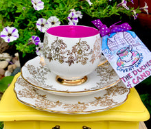 Load image into Gallery viewer, Elegant Vintage 1960s Floral Gold Brocade Scented Soy Coffee cup candle

