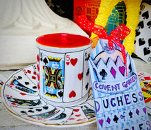 Load image into Gallery viewer, Beautiful 1970s Elizabethan ‘Playing Cards’ Alice in Wonderland Coffee Cup Trio Scented Soy Candle