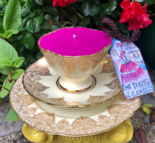 Load image into Gallery viewer, Stunning Jenners of Edinburgh Gold Leaf & Brocade teacup scented soy candle trio set