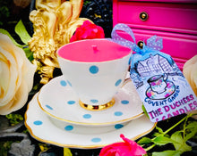 Load image into Gallery viewer, Lovely Retro Blue Polka Dot ‘Royal Vale’ Teacup trio scented Soy Candle