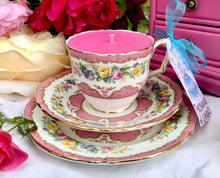 Load image into Gallery viewer, Stunning Pink ‘Lyric’ Crown Staffordshire Teacup trio Scented Soy Candle