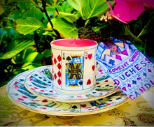 Load image into Gallery viewer, Beautiful 1970s Elizabethan ‘Playing Cards’ Alice in Wonderland Coffee Cup Trio Scented Soy Candle