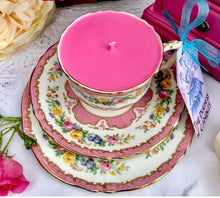 Load image into Gallery viewer, Stunning Pink ‘Lyric’ Crown Staffordshire Teacup trio Scented Soy Candle