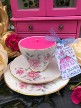 Load image into Gallery viewer, Vintage ‘Duchess’ Pink Roses Teacup Scented Soy Candle trio set