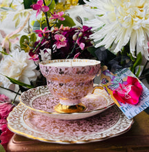 Load image into Gallery viewer, Stunning 1950s Baby Pink &amp; Gold Brocade Scented Soy Candle  Teacup Trio
