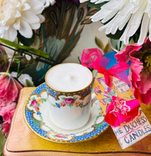 Load image into Gallery viewer, Stunning Antique Art Nouveau blue &amp; Gold coffee cup scented soy candle
