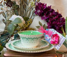 Load image into Gallery viewer, Stunning Collectors Antique Radfordian Green with gold Tea cup Scented Soy Candle
