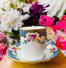 Load image into Gallery viewer, Stunning Antique Art Nouveau blue &amp; Gold coffee cup scented soy candle
