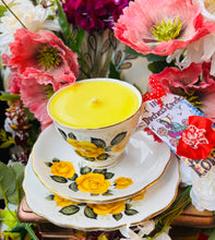 Load image into Gallery viewer, Stunning Antique 1950’s Yellow Roses Teacup Trio Scented Soy Candle
