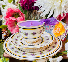 Load image into Gallery viewer, Beautiful Royal Doulton Antique Art Nouveau Violets Teacup trio scented Soy Candle
