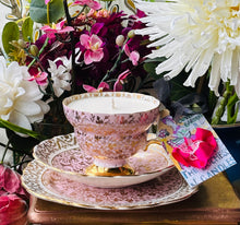 Load image into Gallery viewer, Stunning 1950s Baby Pink &amp; Gold Brocade Scented Soy Candle  Teacup Trio

