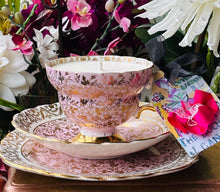 Load image into Gallery viewer, Stunning 1950s Baby Pink &amp; Gold Brocade Scented Soy Candle  Teacup Trio

