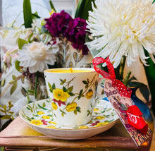 Load image into Gallery viewer, Lovely Antique Yellow Primrose &amp;  gold Teacup Scented Soy Candle
