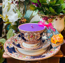 Load image into Gallery viewer, Elegant 1915 Art Nouveau Navy &amp; Gold Brocade ‘Salisbury’ Teacup Scented Soy Candle

