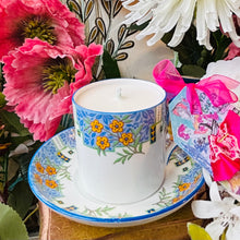 Load image into Gallery viewer, Lovely Blue &amp; yellow Art Nouveau floral coffee Cup Scented Soy Candle

