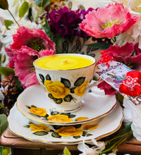 Load image into Gallery viewer, Stunning Antique 1950’s Yellow Roses Teacup Trio Scented Soy Candle
