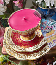 Load image into Gallery viewer, Lovely Vintage ‘Burgundy Red &amp; Gold Chintz’ Scented Soy Candle in a Teacup trio
