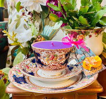Load image into Gallery viewer, Elegant 1915 Art Nouveau Navy &amp; Gold Brocade ‘Salisbury’ Teacup Scented Soy Candle
