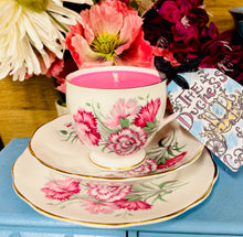 Load image into Gallery viewer, Beautiful Hand-painted Gold Chintz &amp; pink Carnations Teacup trio scented Soy Candle

