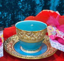 Load image into Gallery viewer, 1950s Aynsley Turquoise &amp; Gold Brocade Scented Soy Coffee Cup Candle
