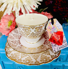 Load image into Gallery viewer, Vintage Gold Chintz diamonds Teacup Trio set Gold Chintz Fern Print
