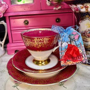 Lovely Vintage ‘Burgundy Red & Gold Chintz’ Scented Soy Candle in a Teacup trio