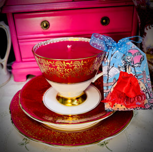 Lovely Vintage ‘Burgundy Red & Gold Chintz’ Scented Soy Candle in a Teacup trio