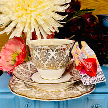 Load image into Gallery viewer, Vintage Gold Chintz diamonds Teacup Trio set Gold Chintz Fern Print
