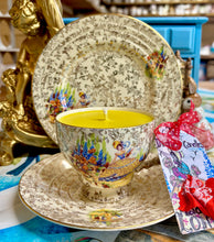 Load image into Gallery viewer, Vintage Crinoline Lady Gold Brocade Teacup Soy scentedTeacup Candle trio set
