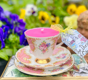 Beautiful Royal Imperial Pink Brocade Teacup with scented soy Candle